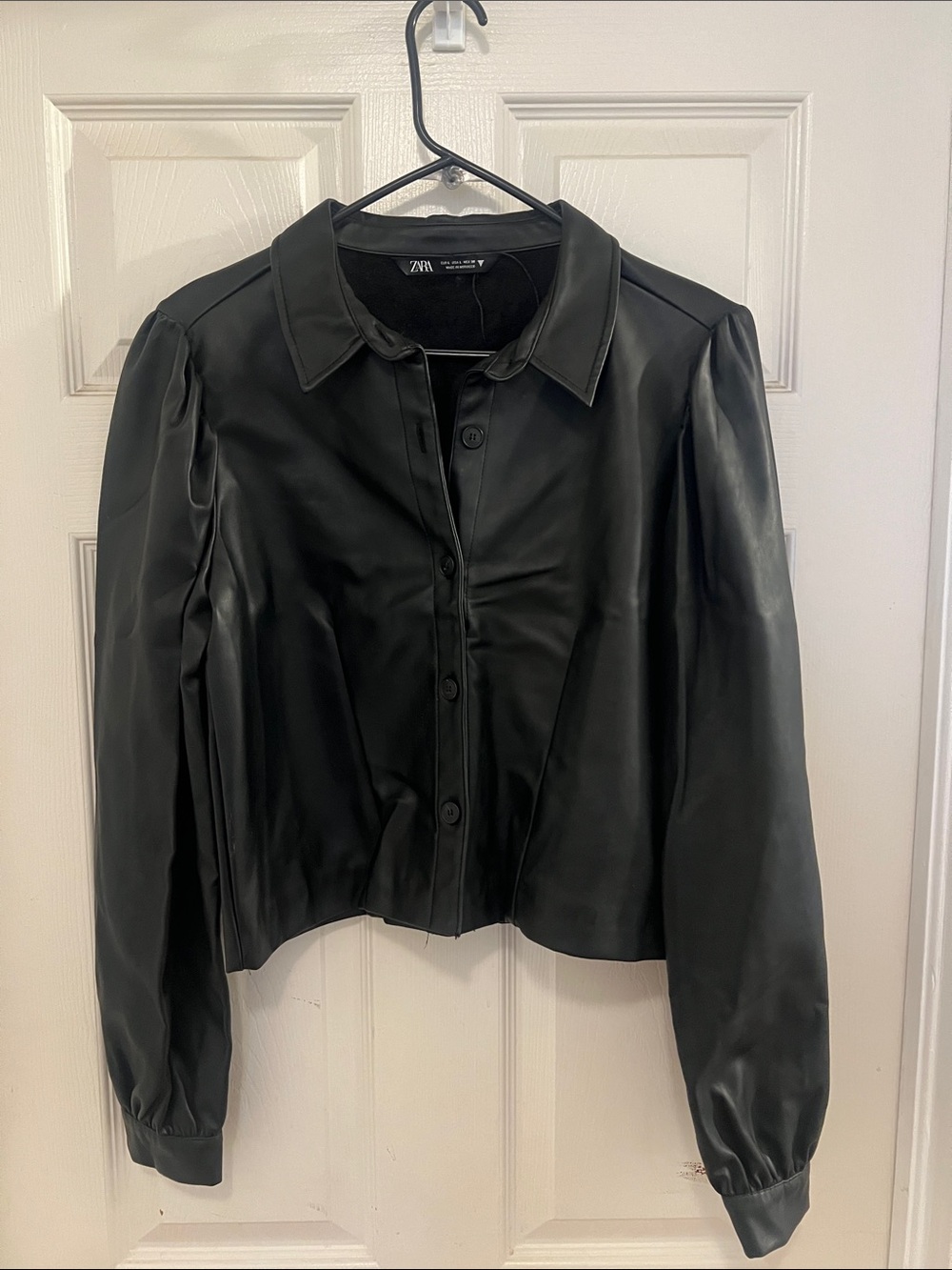 Zara Black Vegan Leather Puff-Sleeve Button Jacket